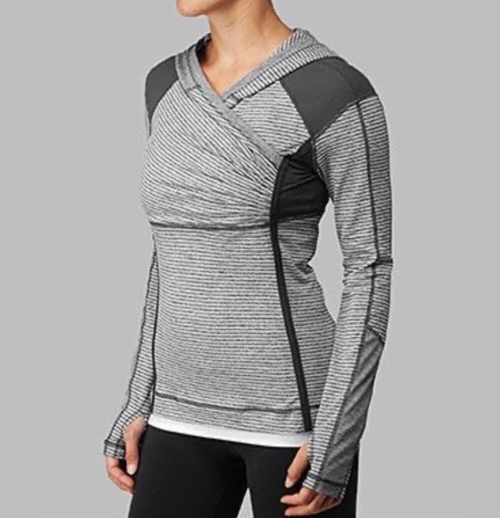Lululemon Athletica Top Women 6 Gray/Black Striped Hooded Wrap V-Neck Zip Pocket